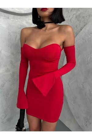 kadın kırmızı volanlı mini kol fırfırlı elbise DPNBDF094
