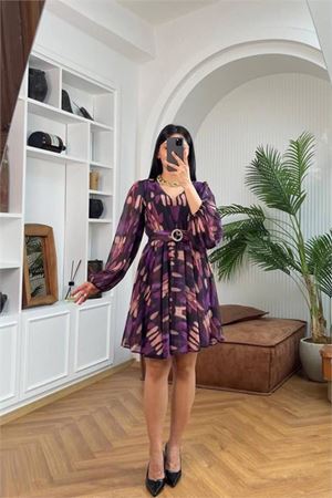kadın desenli kemer detyalı mini şifon elbise DPMY3585