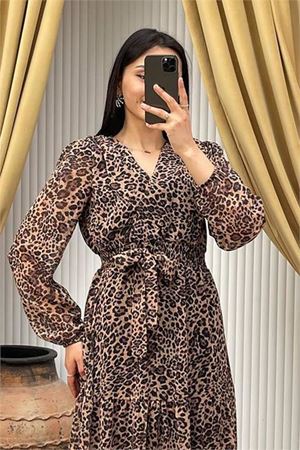 kadın kuşaklı leopar desenli şifon elbise DPMY3709