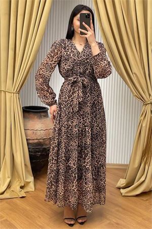 kadın kuşaklı leopar desenli şifon elbise DPMY3709