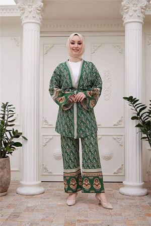 kadın ithal kumaş tesettür kimono takım SMS020 - Yeşil