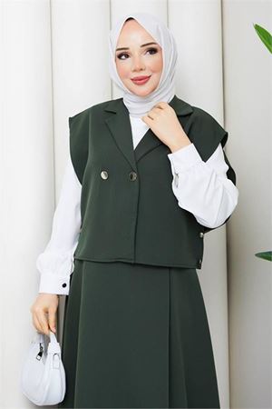 Kadın yeşil etek bluz ve yelek üçlü tesettür takım DPFT007