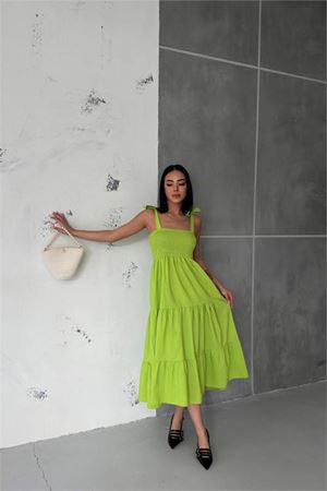 Neşeli butik kadın yeşil gipeli askılı poplin elbise NBG012
