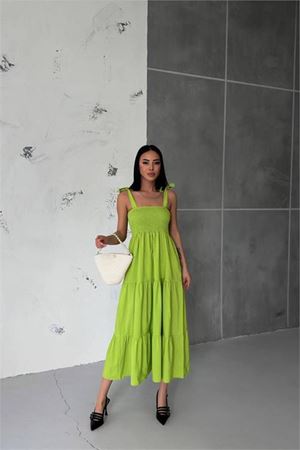 Neşeli butik kadın yeşil gipeli askılı poplin elbise NBG012