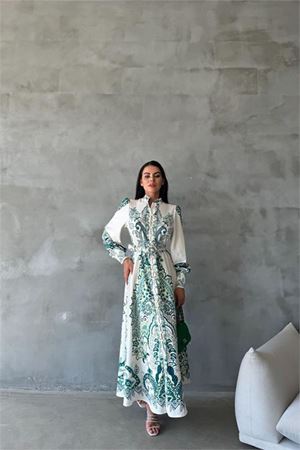 Neşeli butik kadın desenli düğme detaylı tasarım elbise NBMS42122