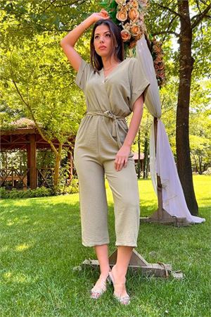 Neşeli butik kadın yeşil kruvaze yaka bağlama detaylı ayrobin tulum NB10049