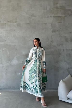 Neşeli butik kadın desenli düğme detaylı tasarım elbise NBMS42122