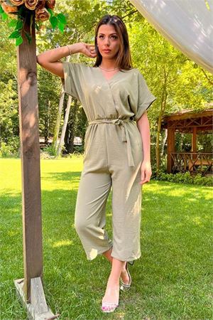 Neşeli butik kadın yeşil kruvaze yaka bağlama detaylı ayrobin tulum NB10049