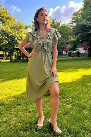 Neşeli butik kadın yaka ve kolları fırfırlı bağlama detaylı ayrobin elbise NB10050