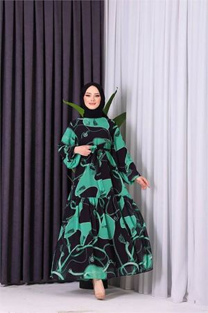 Neşeli butik kadın şifon ithal kumaş desenli tesettür elbise SMS009