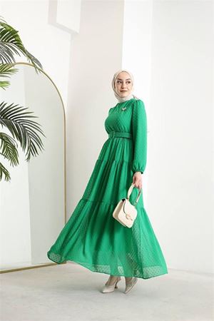 Neşeli butik kadın kemerli ponpon şifon tesettür elbise SMS022