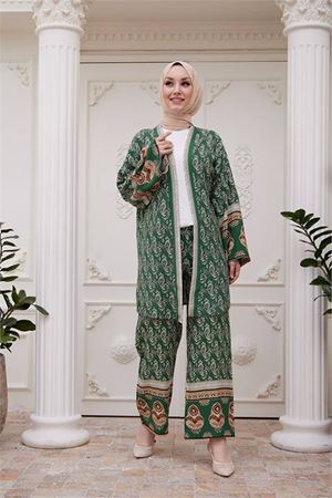 kadın ithal kumaş tesettür kimono takım SMS020 - Yeşil