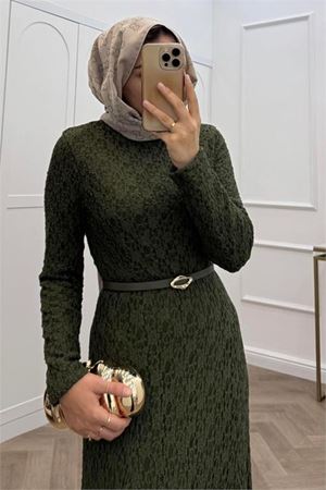 kadın yeşil dantel kumaş maxi boy tesettür elbise