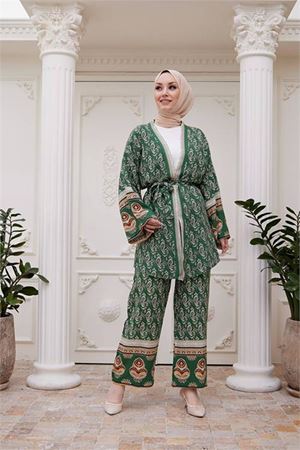 kadın ithal kumaş tesettür kimono takım SMS020 - Yeşil