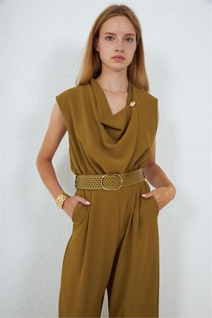Kadın yeşil degaje yaka kemerli kolsuz geniş paça tulum DPMY4030