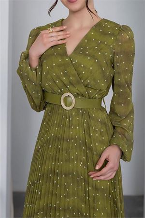 Neşeli butik kadın kemerli puantiye desenli şifon elbise NBMY3286