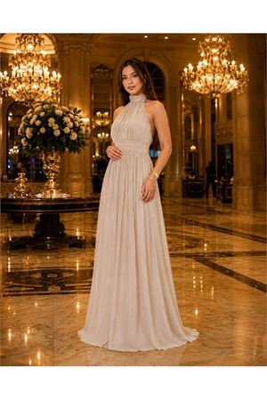 Neşeli butik kadın taş rengi halter yaka janjan kumaş premium abiye elbise NBMY4128