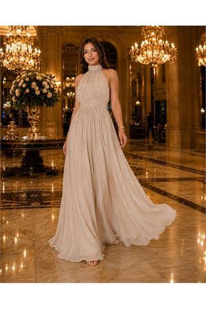 Neşeli butik kadın taş rengi halter yaka janjan kumaş premium abiye elbise NBMY4128
