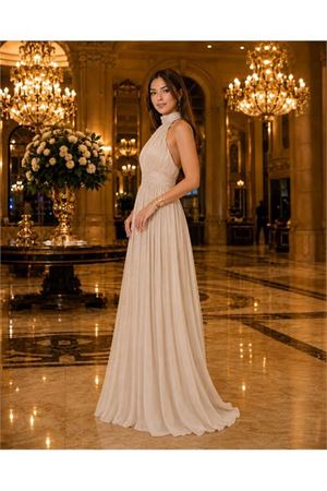 Neşeli butik kadın taş rengi halter yaka janjan kumaş premium abiye elbise NBMY4128