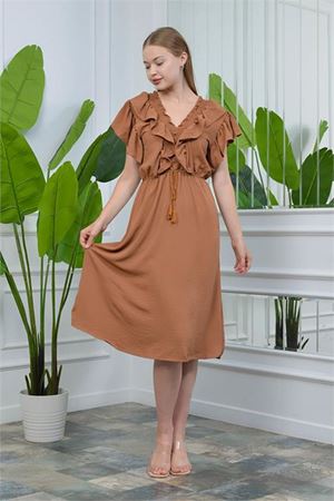 Neşeli butik kadın yaka ve kolları fırfırlı bağlama detaylı ayrobin elbise NB10050
