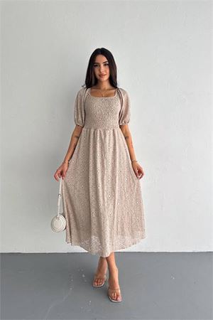 kadın vizon kare yaka dantel elbise DPK053