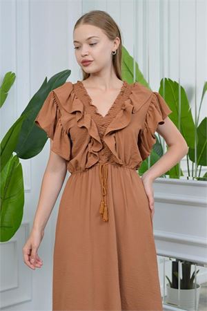 Neşeli butik kadın yaka ve kolları fırfırlı bağlama detaylı ayrobin elbise NB10050