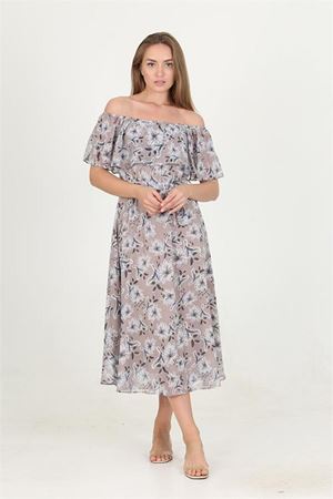 kadın madonna yaka kuşaklı desenli şifon elbise RY10037