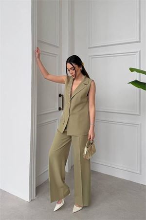 Kadın bej taş işlemeli gold düğme detaylı kolsuz blazer ceket pantolon takım DPSTR1030