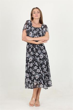 kadın madonna yaka kuşaklı desenli şifon elbise RY10037