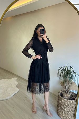 Kadın v yaka dantel elbise DPNM010