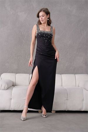 Neşeli butik kadın taş detaylı askılı uzun abiye elbise NBS9367