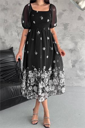 Neşeli butik kadın siyah desenli kare yaka şifon elbise NBQ003