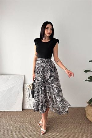 Kadın siyah modern kesim vatkalı asimetrik kesim mermer desen elbise DPK4593
