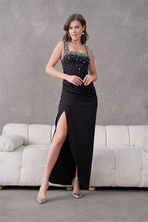 Neşeli butik kadın taş detaylı askılı uzun abiye elbise NBS9367