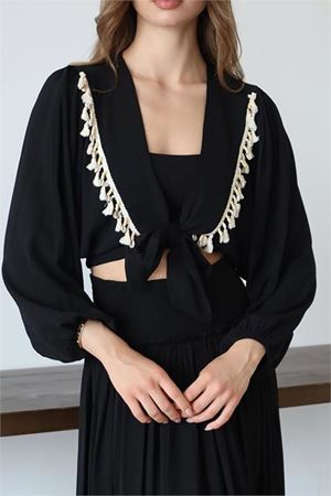 Neşeli butik kadın püskül detaylı yırtmaçlı bohem takım NBNP015
