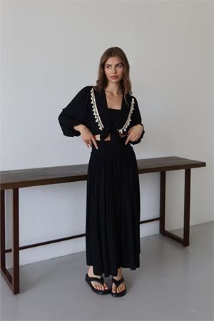 Neşeli butik kadın püskül detaylı yırtmaçlı bohem takım NBNP015