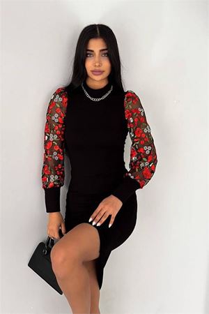 Neşeli butik kadın nakışlı balon kol triko elbise KKLF50 - Siyah