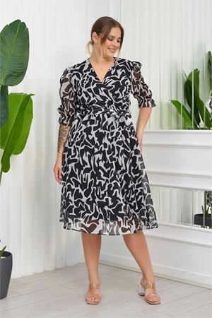 Neşeli butik kadın büyük beden desenli şifon elbise NB8063 - Siyah