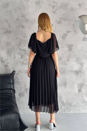 kadın madonna yaka piliseli şifon elbise DPK2099