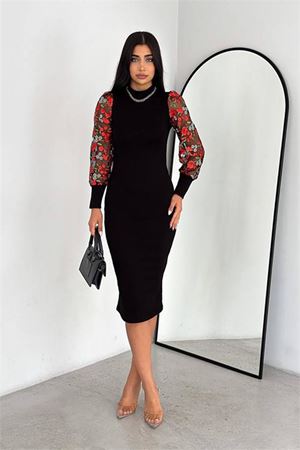 Neşeli butik kadın nakışlı balon kol triko elbise KKLF50 - Siyah