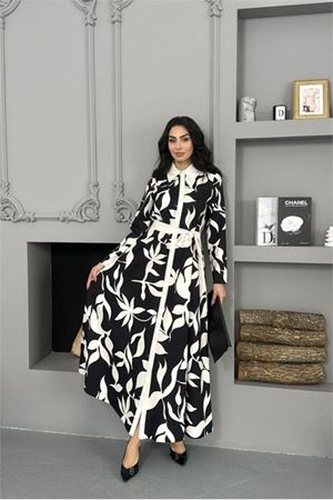 Kadın siyah beyaz kuşaklı tam düğmeli ithal kumaş elbise DPMS25106
