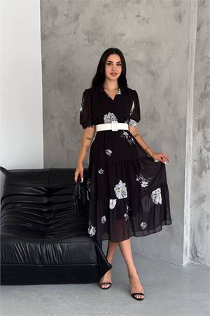 Neşeli butik kadın kemerli gömlek yaka desenli şifon elbise NBQ011