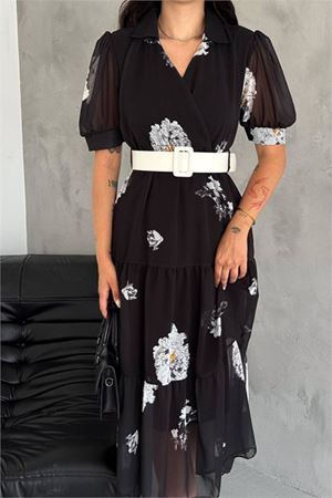 Neşeli butik kadın kemerli gömlek yaka desenli şifon elbise NBQ011