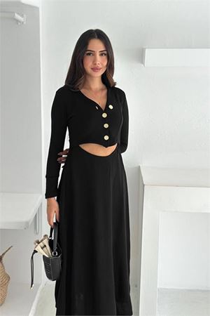 Kadın düğme detaylı siyah v yaka bel dekolteli midi boy elbise DPK4368