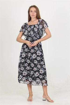 kadın madonna yaka kuşaklı desenli şifon elbise RY10037