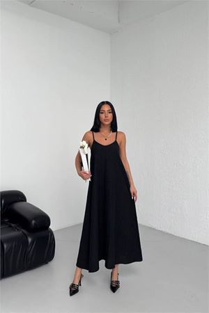 Neşeli butik kadın siyah askılı içi astarlı kaş keten elbise NBG017