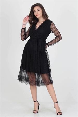 Neseli butik kruvaze yaka eteği güpür detaylı yeni sezon elbise DP0010