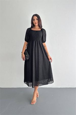 kadın siyah kare yaka dantel elbise DPK053