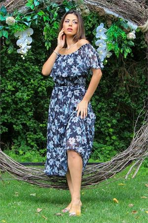 Neşeli butik kadın siyah carmen yaka çiçekli yazlık şifon elbise NB10037