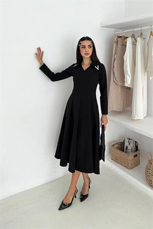 Kadın yaka detaylı midi boy örme elbise DPK4360